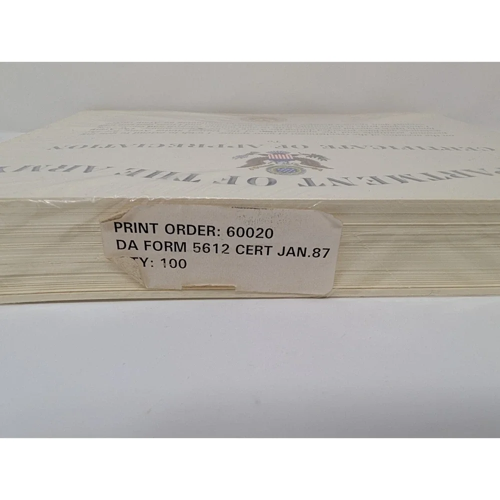 Department Of The Army Certificate Of Appreciation Spouse Enlist 1987 NEW 100qty
